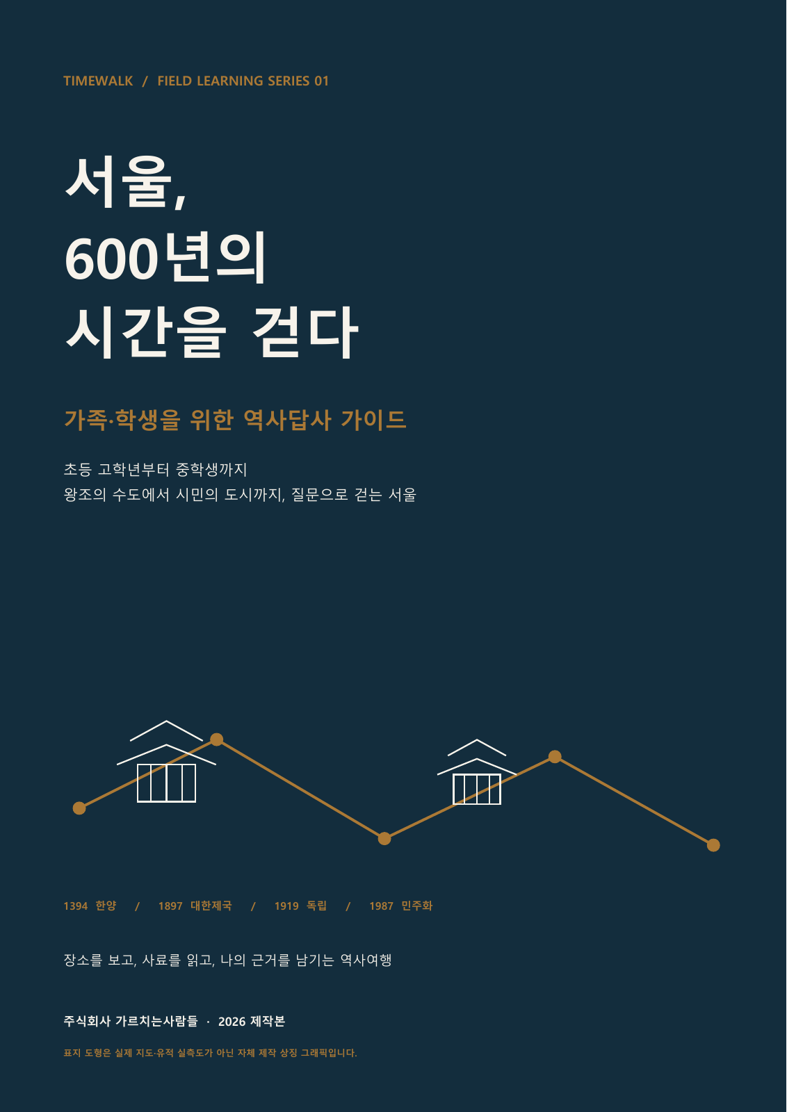 짙은 남색 바탕, 금색 길과 궁궐 선화로 구성한 서울 시간여행 본편 표지